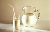 Milk in a Glass with a Straw and Milk in a Pitcher
