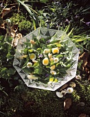 Wild herb salad: flowers, asparagus, quail's eggs, outside