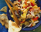 Potato salad with olives, pepper and tuna