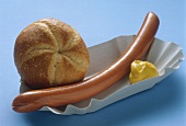 German pork sausage (Bockwurst), mustard & roll in paper dish