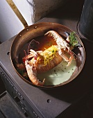 Irish salmon stuffed with shrimps & Dublin Bay prawns in pan