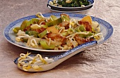 Chinese chopped turkey with sprouts, leeks, vegetables