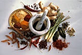 Several Exotic Spices; Marble Mortar and Pestle