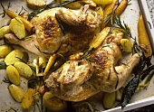 Garlic chicken with carrots, potatoes, spring onions