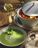Pea soup with mint and tomato & orange soup with croutons