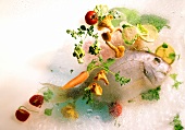 Gilt-head bream & vegetables under & on glass; drops of water 
