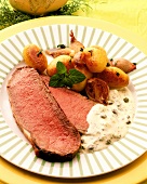 Roast beef with mint remoulade, roast potatoes, shallots