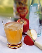 A glass of apple vinegar; décor: apple slice, bottle of water