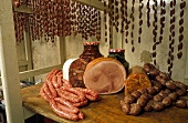 Still life with various types of sausage and ham