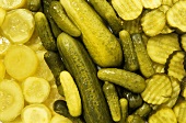Pickled gherkins, gherkin slices, cornichons (close-up)