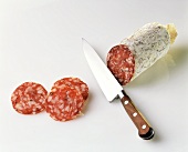 Ein Stück Pfeffersalami, Messer & drei Salamischeiben