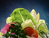 Zutaten für einen gemischten Salat vor blauem Hintergrund