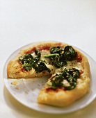 Pizza with tomatoes, cheese and spinach on plate