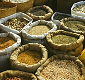 Assorted spices in sacks at a market (Tunisia)