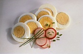 Sliced egg, sliced radish, chives