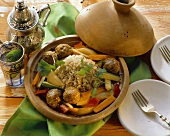 Couscous & minced lamb balls & vegetables; harissa sauce