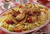 Spaghetti with vegetables and garlic chicken