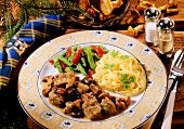 Venison ragout with forest mushrooms, noodles & vegetables