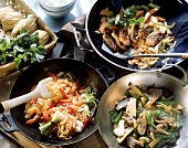 Three wok dishes (noodles & shrimps; duck; vegetable curry)