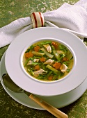 Vegetable soup with chicken in soup plate