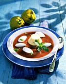 Cold quince soup with egg white dumplings and cheese mousse