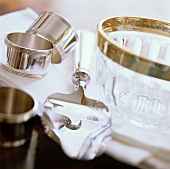 Silver truffle plane, glass bowl and napkin rings