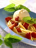Sweet orange spaghetti, strawberry ragout & vanilla ice cream