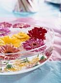 A bowl of flowers floating in water (table decoration)