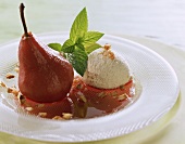 Red wine pears with vanilla ice cream and walnut kernels
