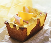 Lemon madeira cake with sweets as decoration