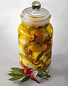 Pickled boiled eggs in decorative jar