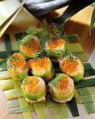 Salmon roll stuffed with salmon fillet, with trout caviare