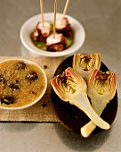 Tapas (cuttlefish, artichokes and olives in artichoke puree)
