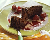 Delicate chocolate nut cake with raspberry & vanilla sauce