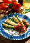 Asparagus steamed with herbs with two kinds of sauce