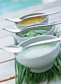 Three yoghurt dips with Roquefort, herbs and mango