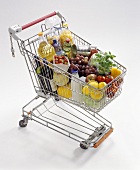 Shopping trolley with various foodstuffs