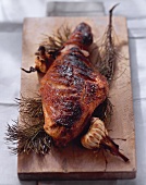 Leg of suckling pig with garlic and pine branch on wooden board