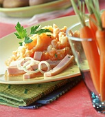 Mashed potatoes and carrots with strips of turkey breast