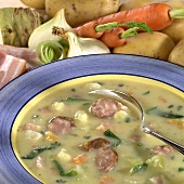 Potato soup with mettwurst and belly pork