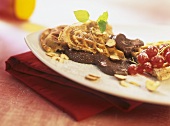 Chocolate & nut waffles with chocolate mousse & redcurrants