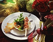 Rocket with Parma ham and grissini in cheese basket