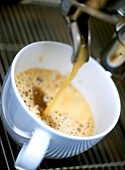 Cappuccino fliesst aus der Maschine in eine Tasse