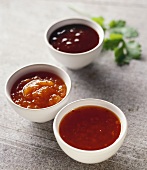Three sauces: Chinese sauce, coriander sauce, chili sauce