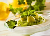 Ricotta mousse with kiwi fruit puree and gooseberries
