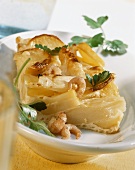 Low-fat asparagus and potato casserole with shrimps