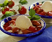 Vanilla ice cream on strawberry and rhubarb compote