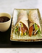 Pancakes stuffed with Peking duck and Vegetables, Plum sauce