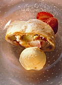 Rhubarb and strawberry strudel with vanilla ice cream