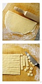 Rolling out pasta dough and cutting into small squares